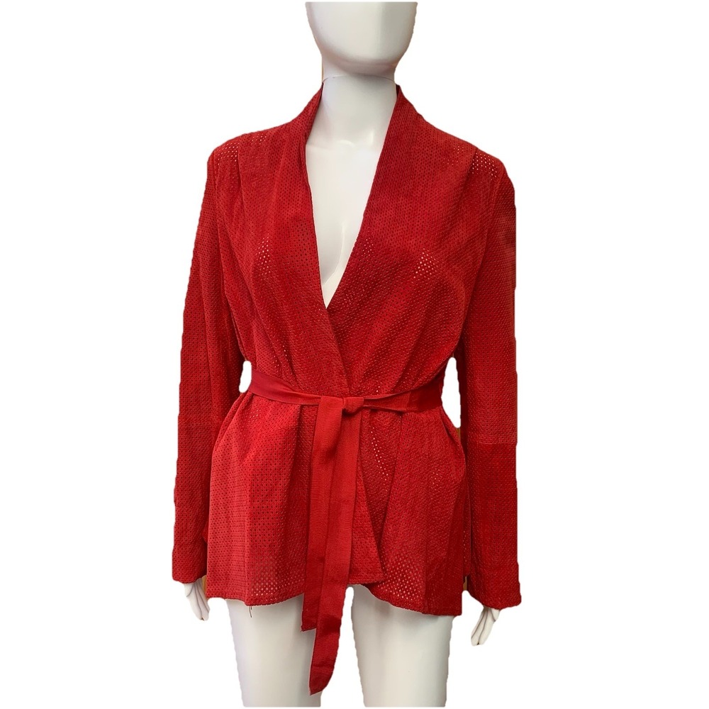 Bagatelle Eyelet Suede Laser Cut Tie Waist Jacket. SZ-M Red 100% Genuine Leather